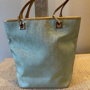 Gucci GG Vintage Aqua Blue and Gold Monogram Shoulder Bag